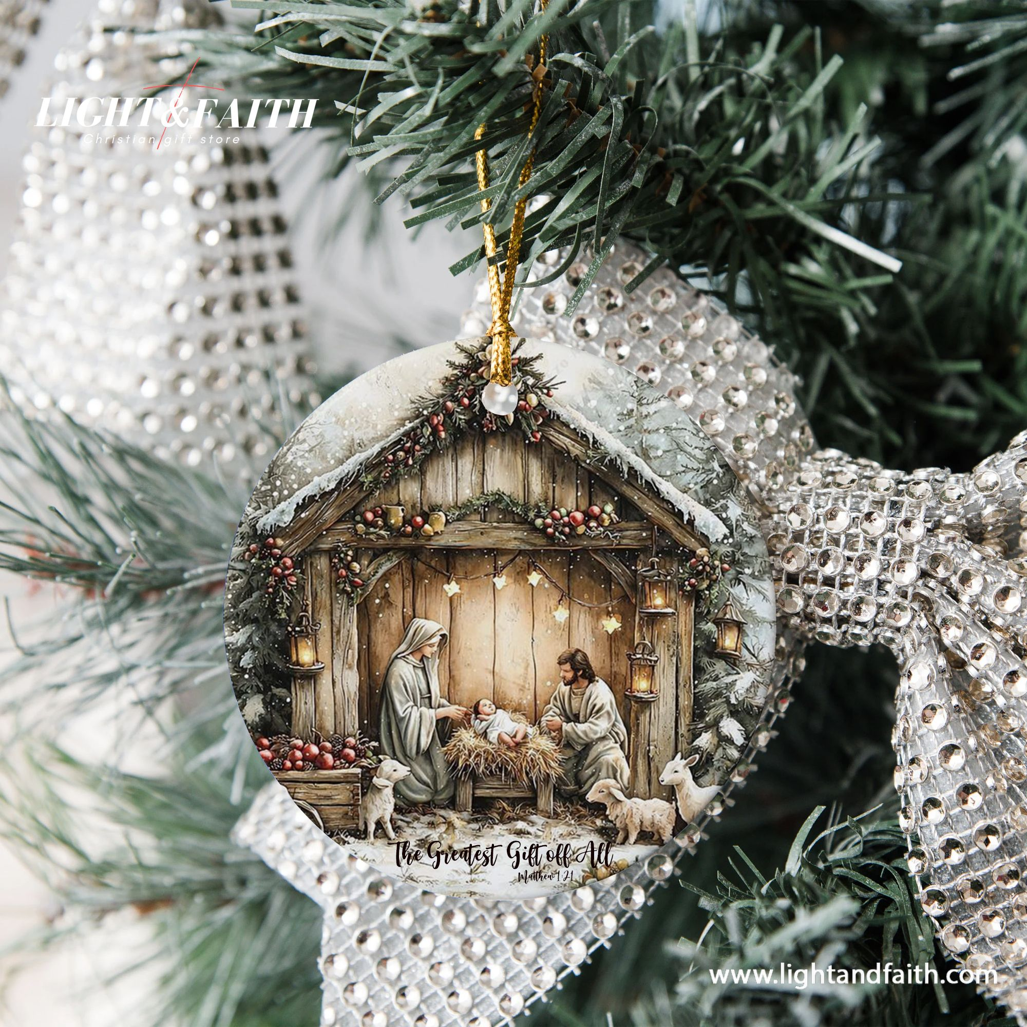 Nativity Scene Christmas Ornament, Holy Family Manger Scene with Baby Jesus, Greatest Gift of All Matthew 1:21, Christian Holiday Decoration DCLAF37